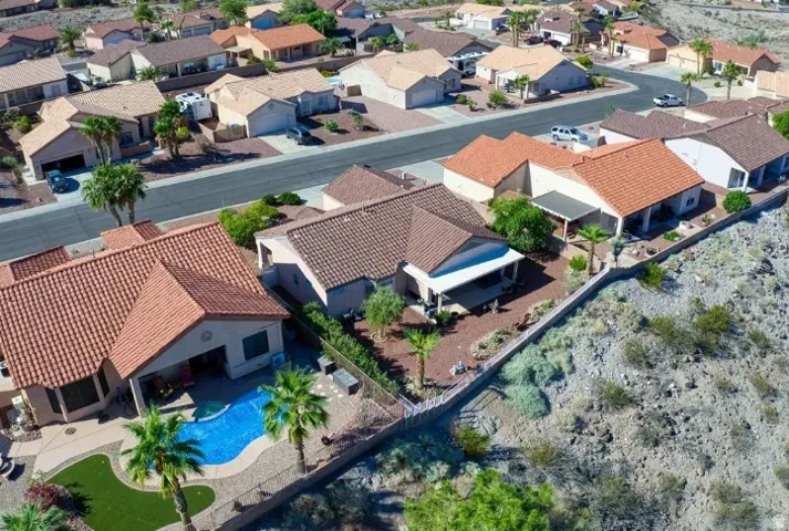 Rear exterior featuring a freeform swimming pool, artificial turf landscaping, and mature palm trees