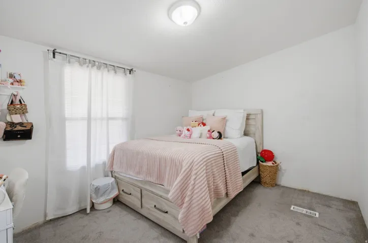 Neutral wall paint with carpeted flooring, featuring a window with blinds and sheer curtains