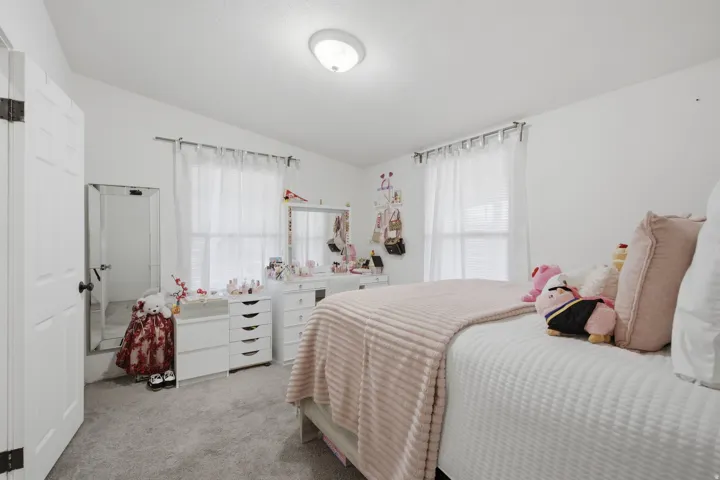 Bright room featuring two windows with white blinds, neutral carpeting, white walls, a flush-mount ceiling light, and a white paneled door with black hardware