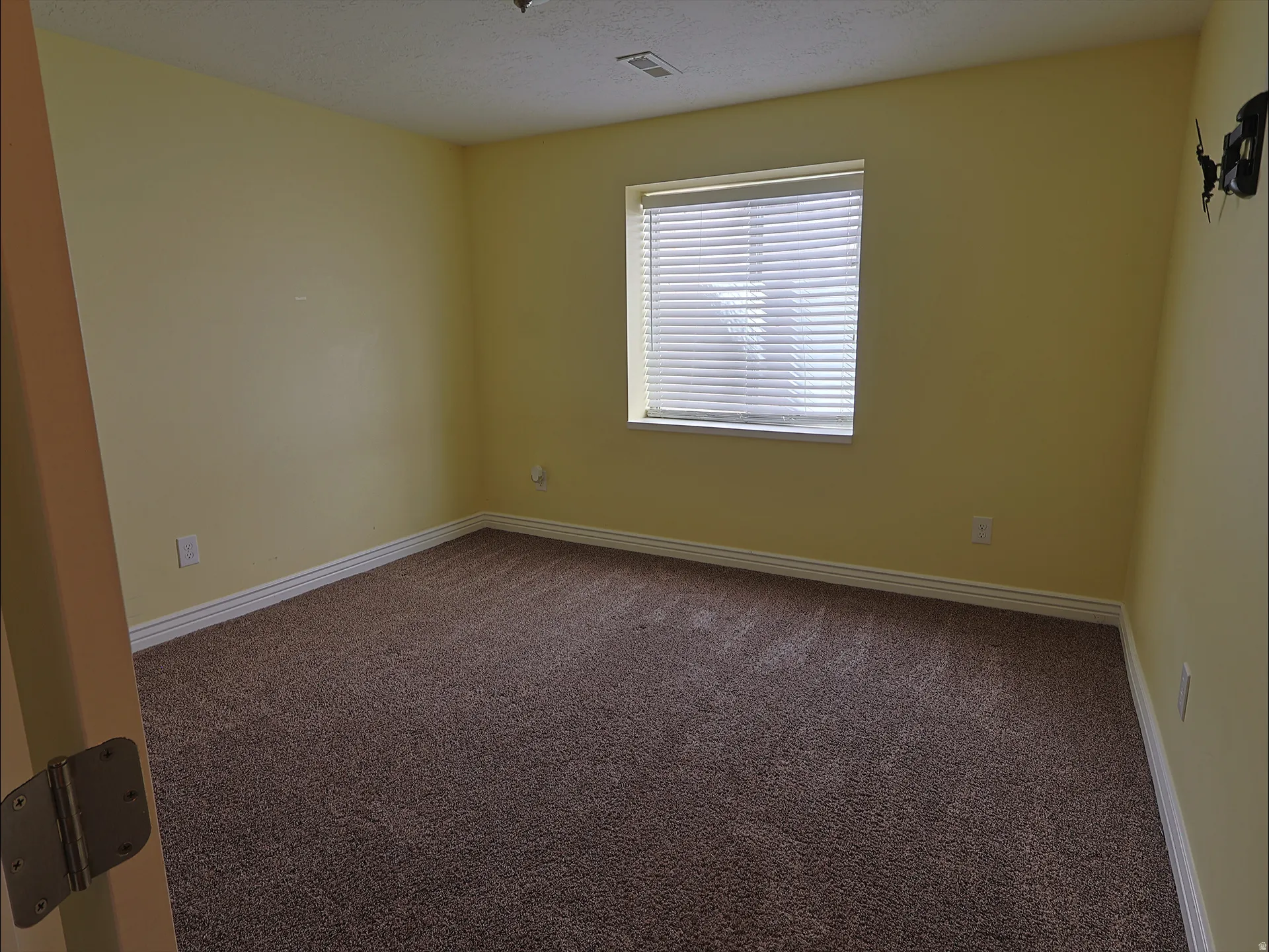 Window with horizontal blinds, light-toned walls, and dark-toned carpet flooring