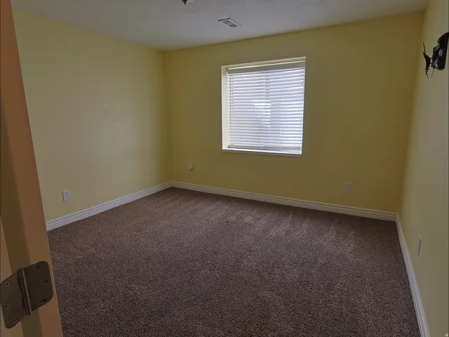 Window with horizontal blinds, light-toned walls, and dark-toned carpet flooring