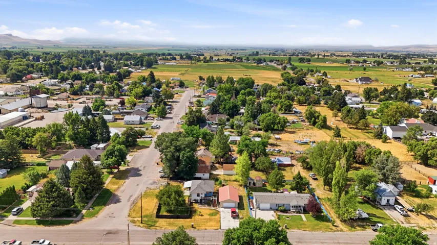Aerial perspective showcasing a residential area amidst a rural landscape, featuring mature trees, agricultural fields, and distant mountains