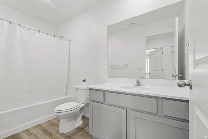 Bathroom featuring a white bathtub with shower, toilet, and vanity with an integrated sink