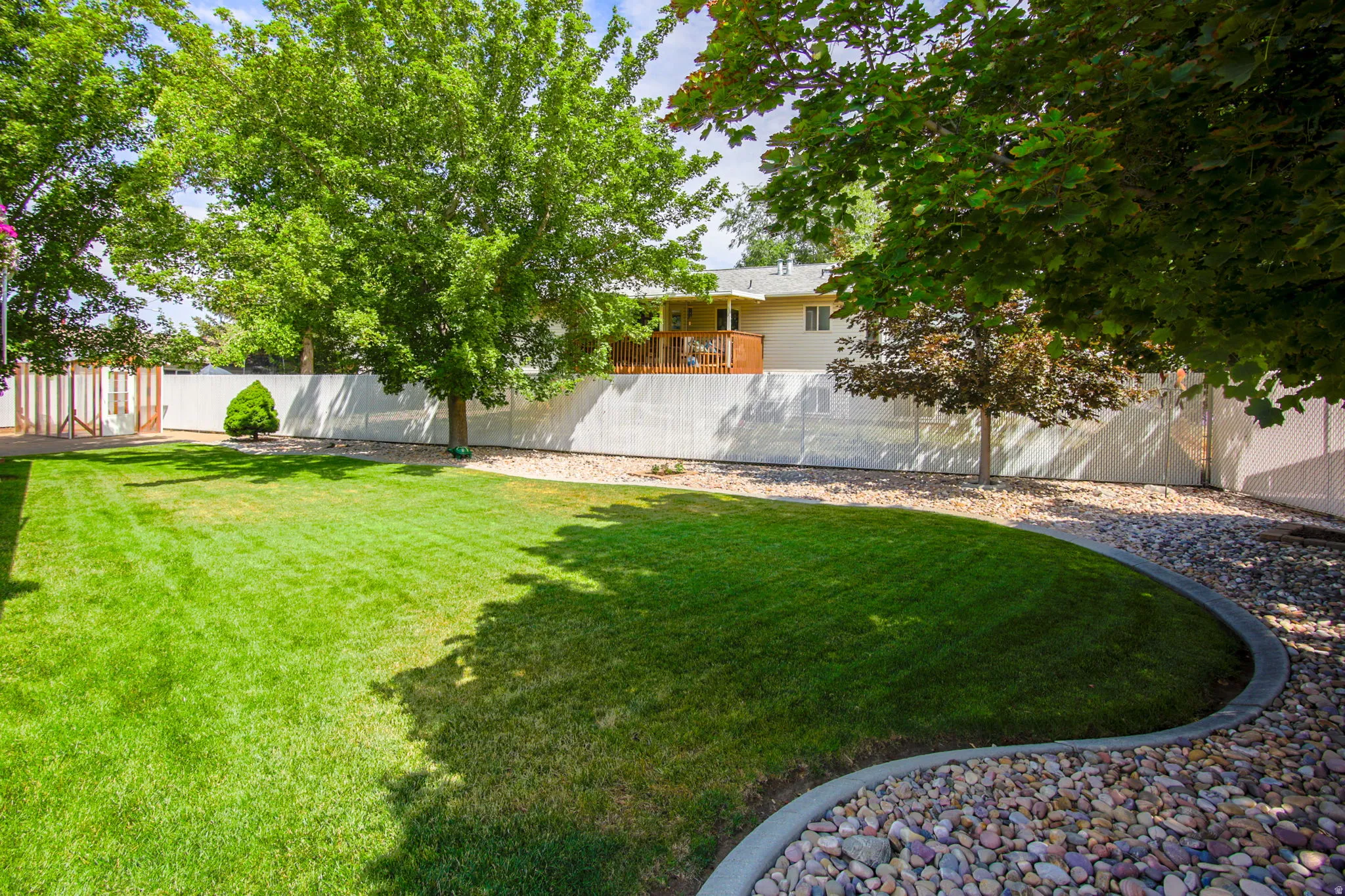 Expansive backyard featuring a manicured lawn, established trees, and a decorative rock border with concrete edging