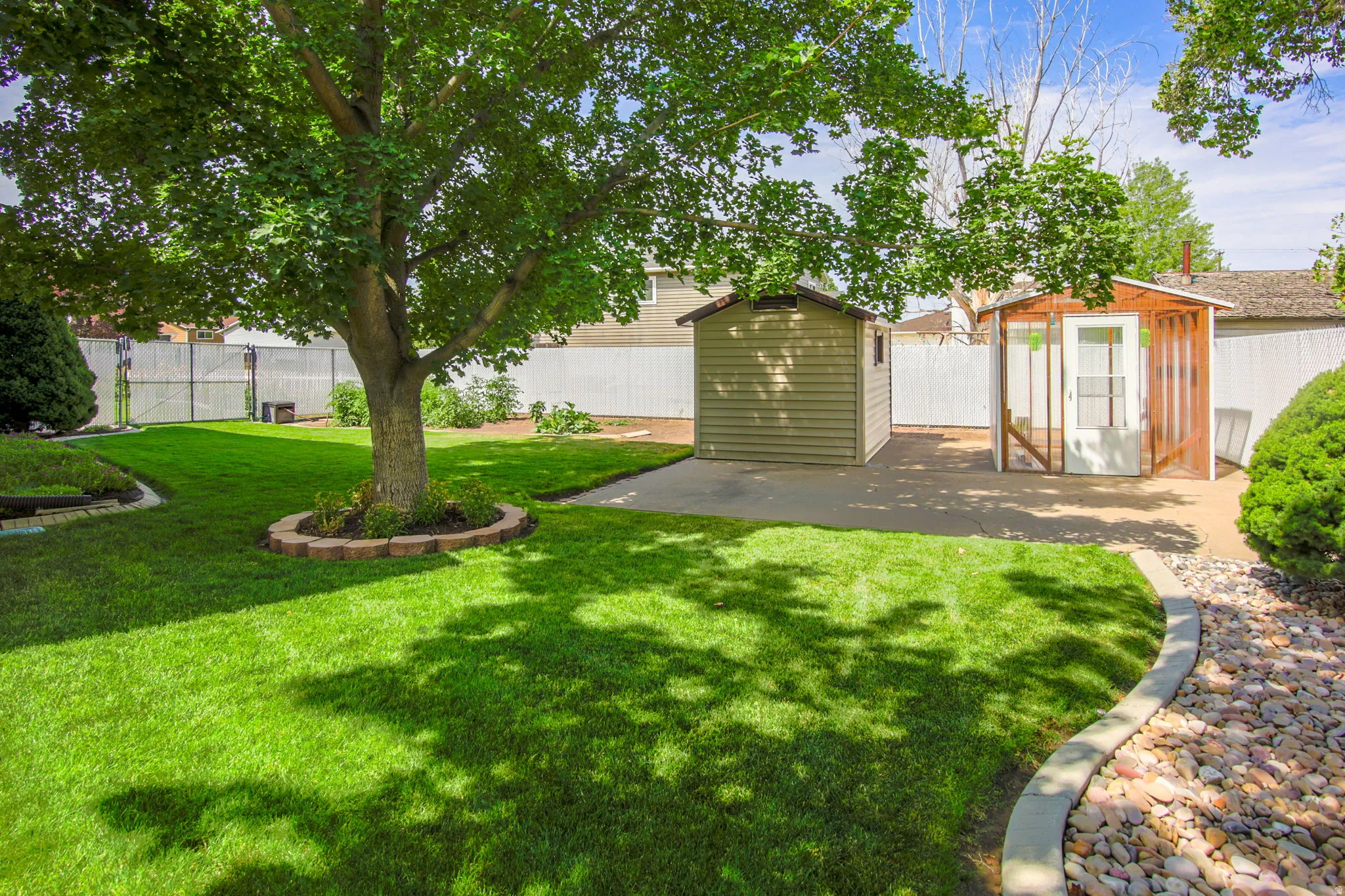 Expansive backyard featuring a mature tree with a brick-lined bed, a green storage shed, a partially enclosed structure with a white door, a concrete patio, and a stone-lined garden bed