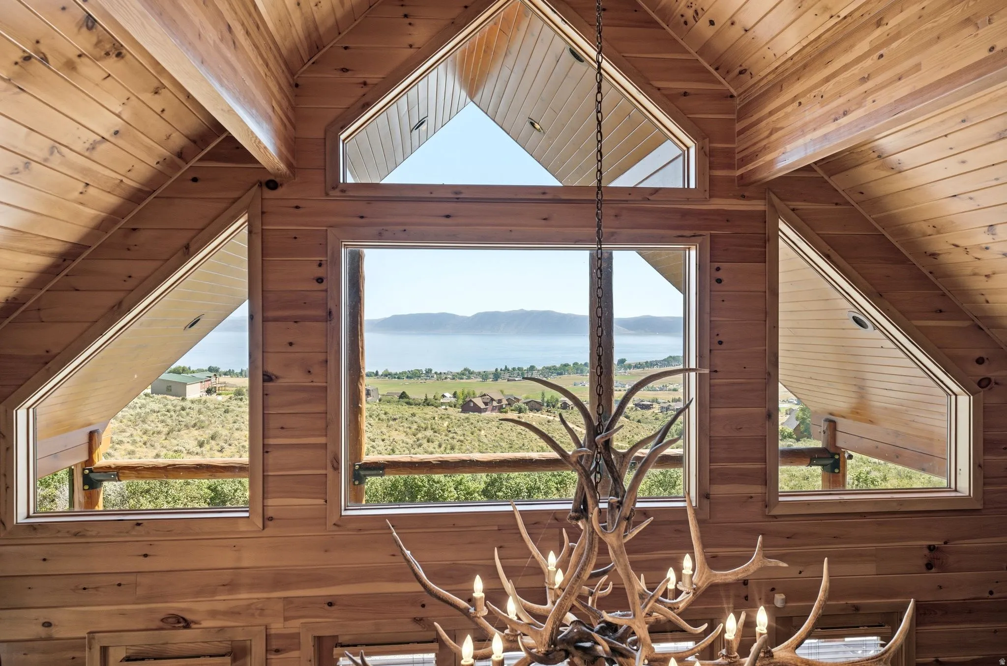 Vaulted wood-paneled ceilings with exposed beams