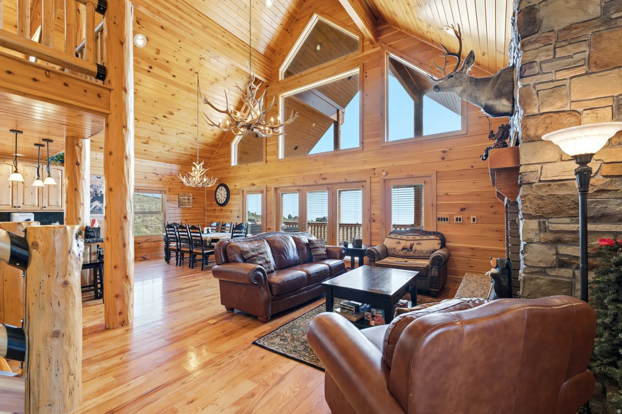 Vaulted wood-paneled ceiling with exposed beams