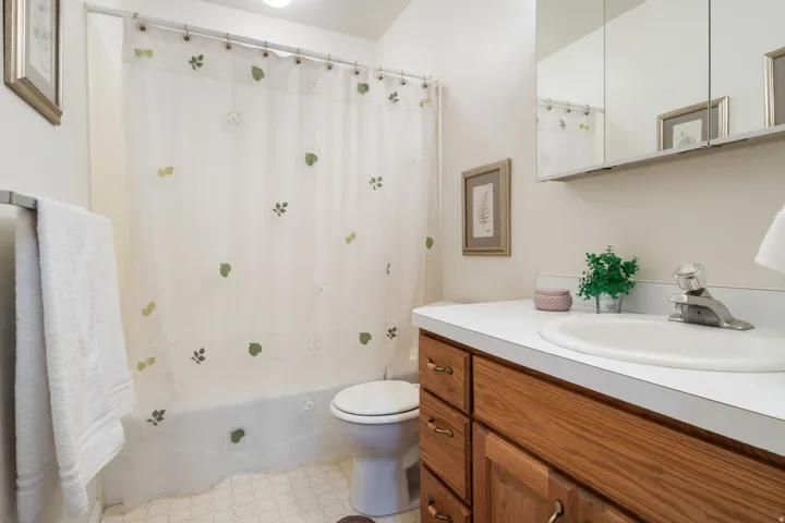Basement bathroom featuring a white bathtub and toilet, light-toned walls, a wood-finish vanity with a white countertop and integrated sink, and a mirrored medicine cabinet