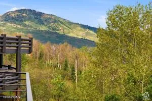 Mountainous backdrop with surrounding mature trees and a prominent portion of a dark-toned railing