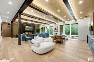 Open-concept living space featuring wood-finish flooring, exposed beam ceiling, a linear fireplace, and expansive windows