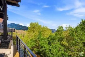 Outdoor deck with dark metal railings, wood beam overhang, and lush green tree canopy