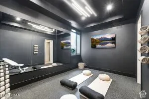Full-height mirrored wall, recessed linear lighting, dark wall finish, dark ceiling finish, and carpeted flooring