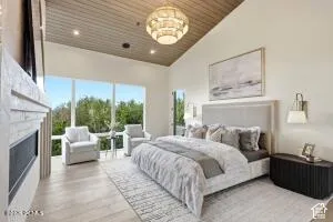 Vaulted wood-finish ceiling, expansive floor-to-ceiling windows, wood-finish flooring, and a built-in fireplace