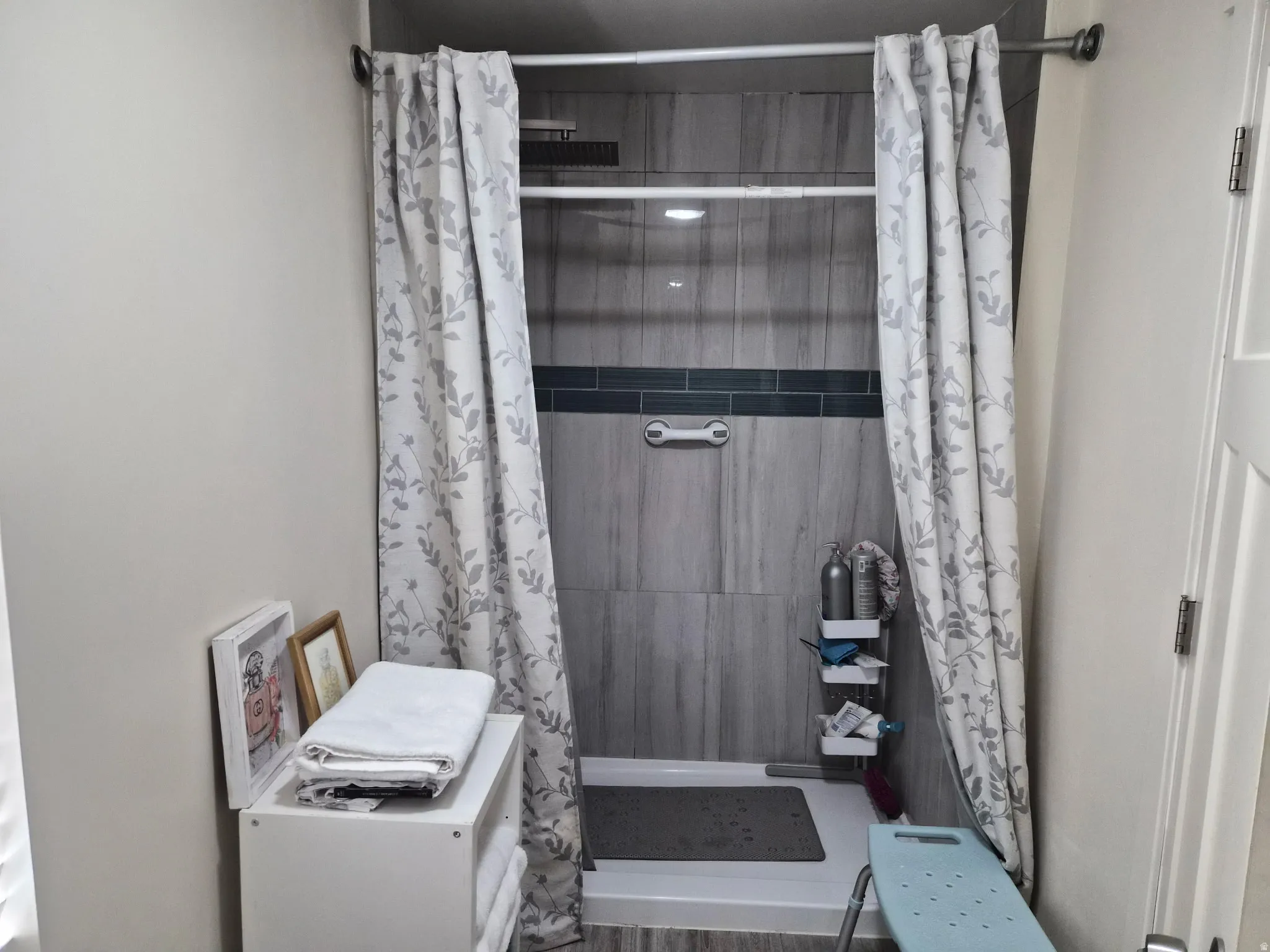Walk-in shower featuring a tiled surround with a dark accent band