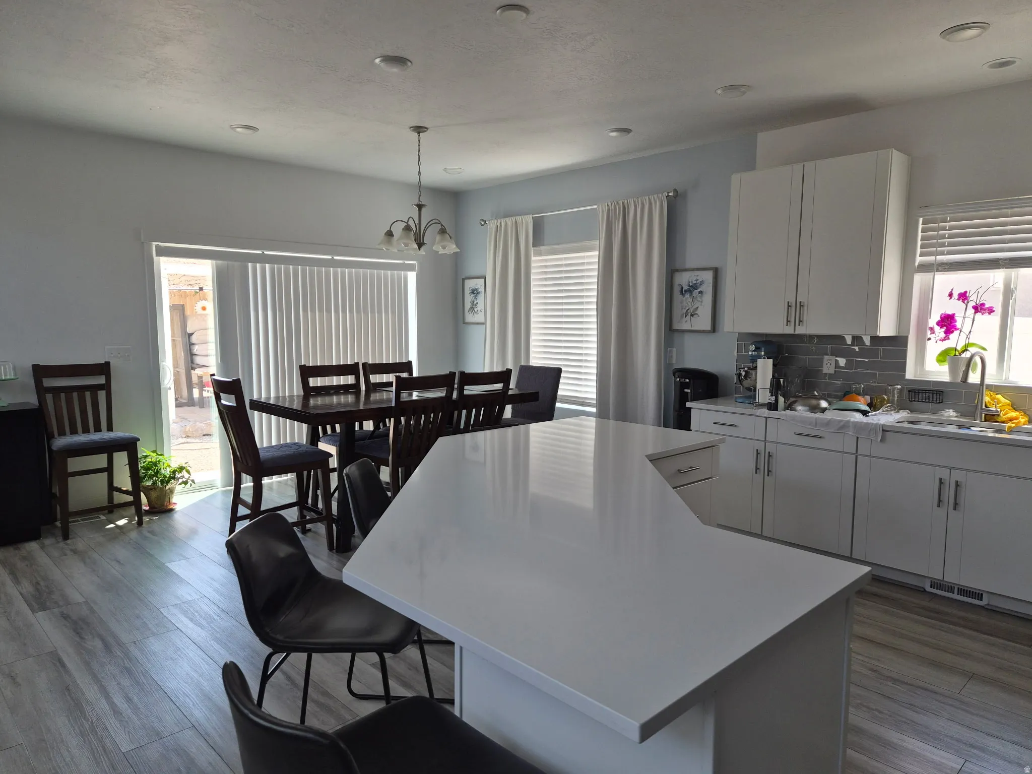 Modern kitchen island with a light-toned countertop