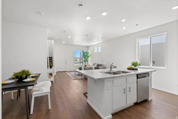 Open-concept kitchen and living area featuring wood-finish flooring, recessed lighting, and a kitchen island with a double basin sink and integrated dishwasher