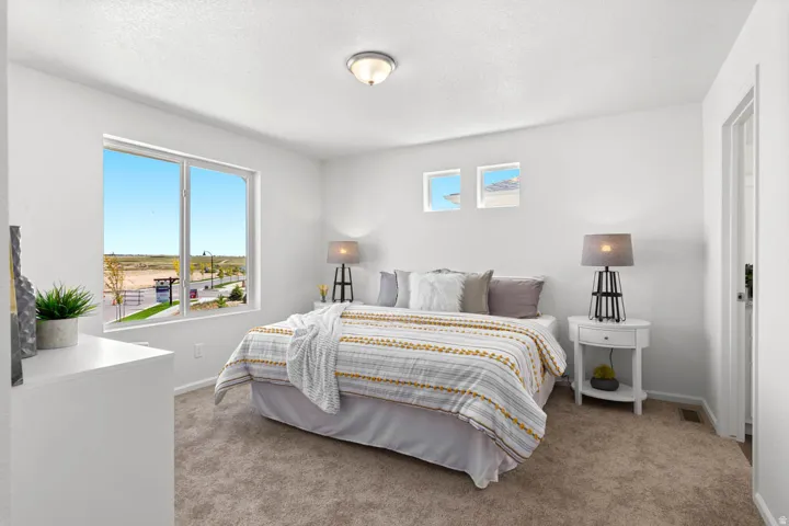 Bright bedroom featuring a large window, plush carpet, white walls, and a ceiling-mounted light fixture