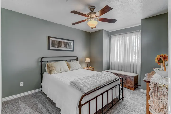 Bedroom featuring gray-painted walls, a ceiling fan with light fixture, and textured carpeting