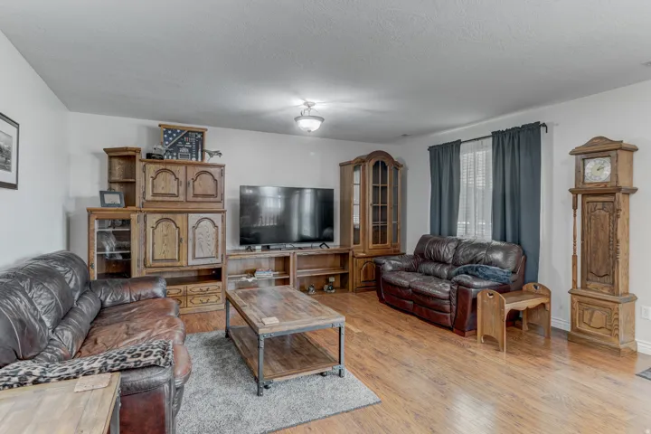 Spacious living area featuring wood-finish flooring, white walls, and a ceiling-mounted light fixture