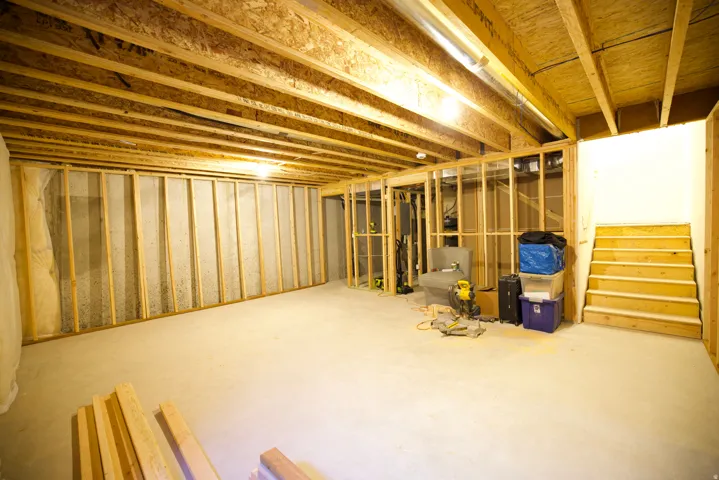 Unfinished basement offering expansive open space, exposed wood framing, concrete flooring, partially framed walls, and a visible wooden staircase