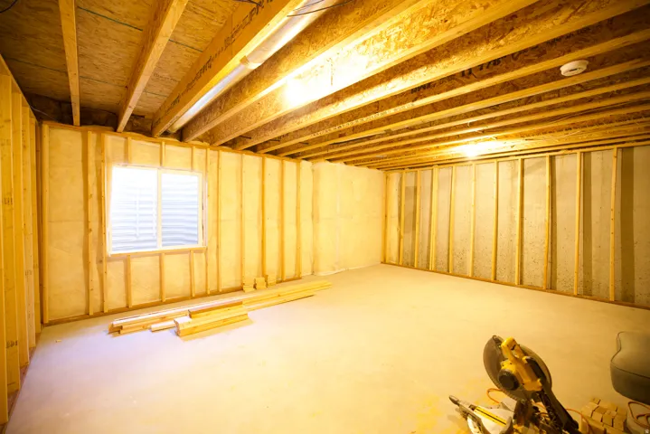 Unfinished basement with exposed ceiling joists and framed walls, featuring a window with blinds and a concrete floor