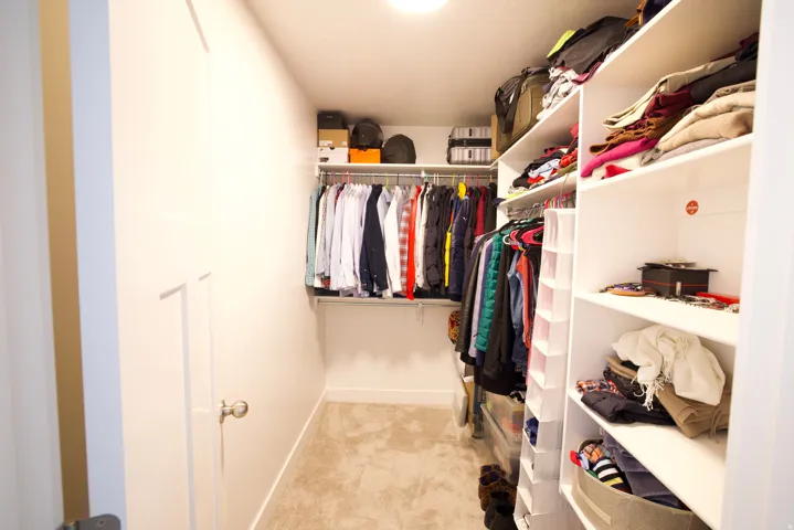 Expansive walk-in closet featuring extensive built-in shelving, multiple hanging rods, durable carpet flooring, and a crisp white color palette