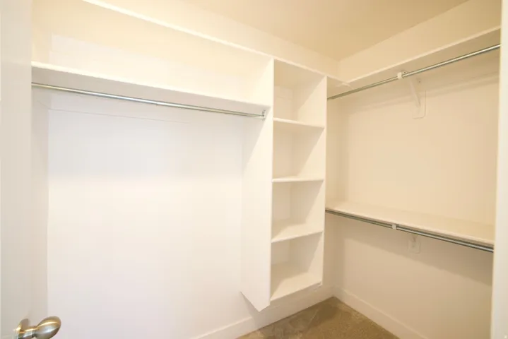 Walk-in closet with built-in shelving, multiple hanging rods, and neutral carpet flooring