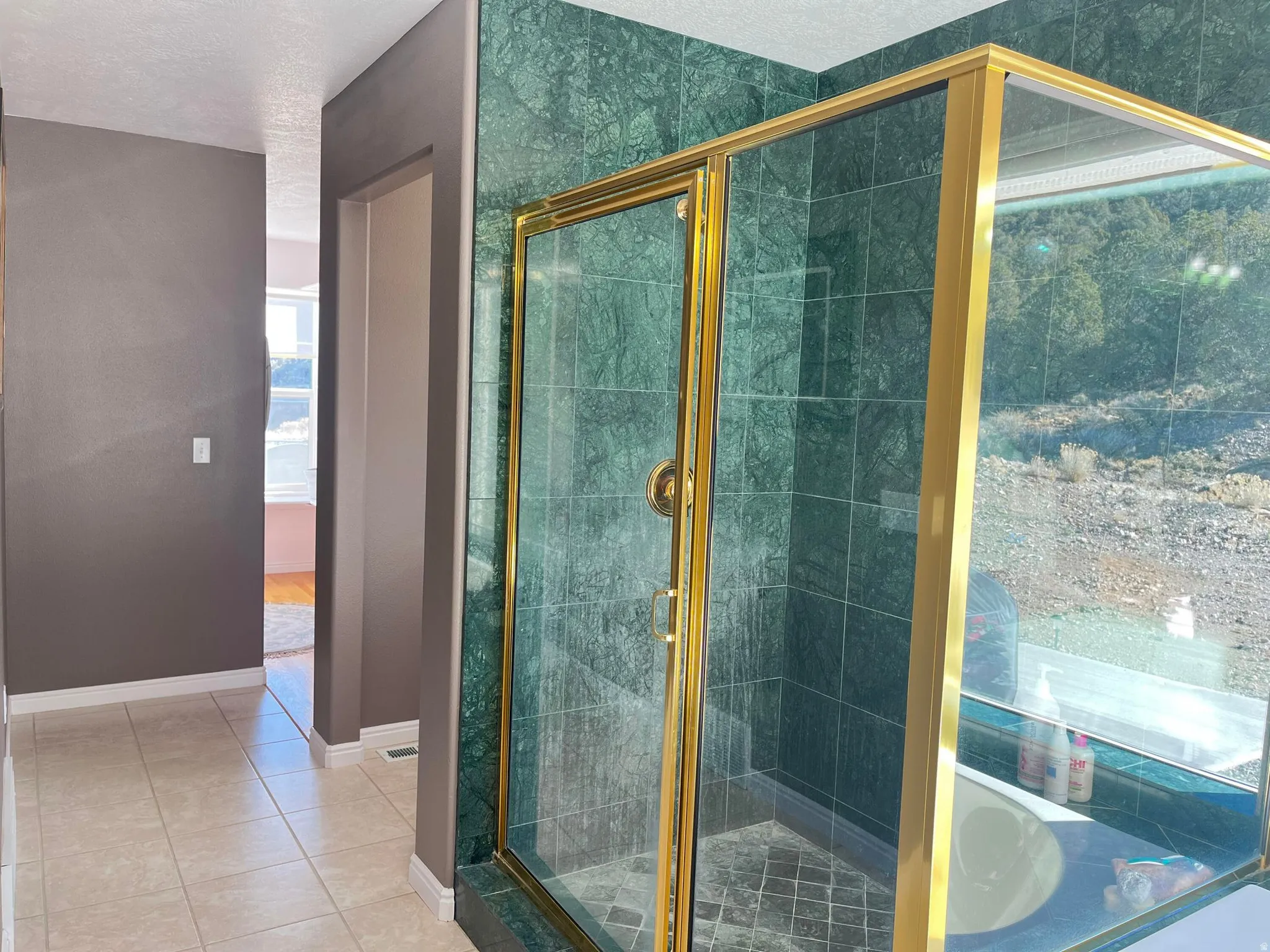 Shower enclosure featuring gold-tone framing and green tiled walls
