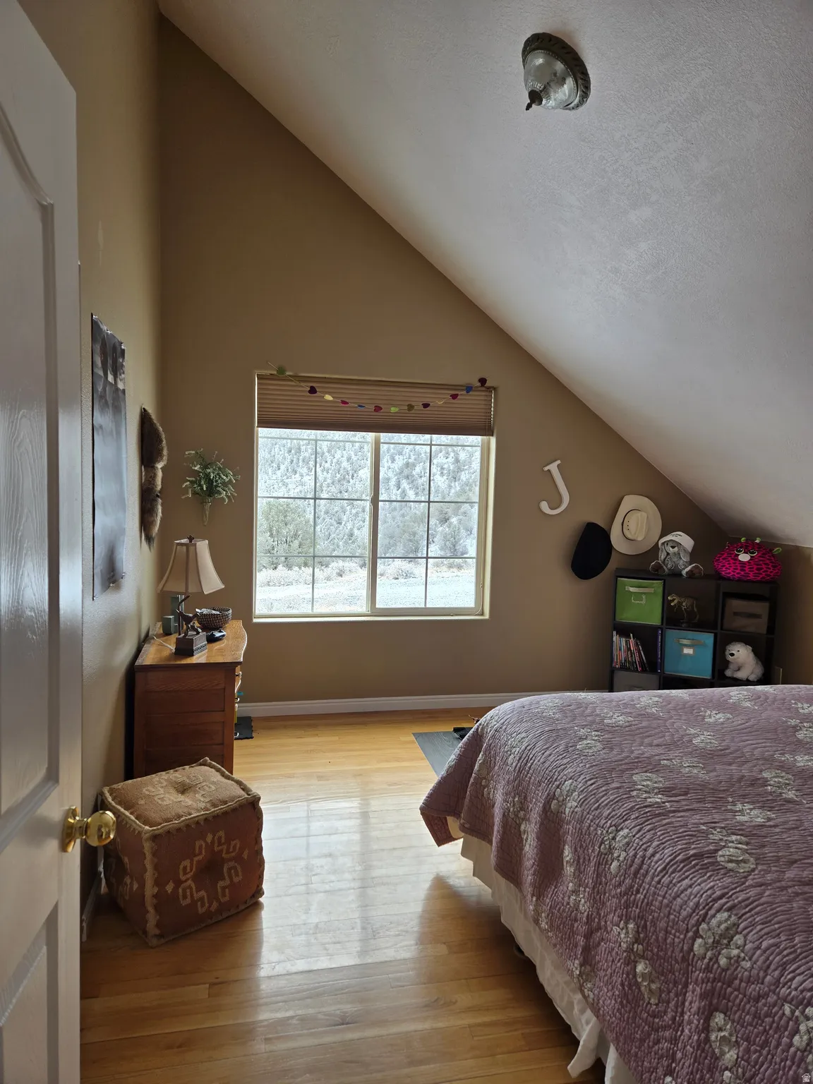 Room featuring sloped ceilings, a window with horizontal blinds, and wood-finish flooring