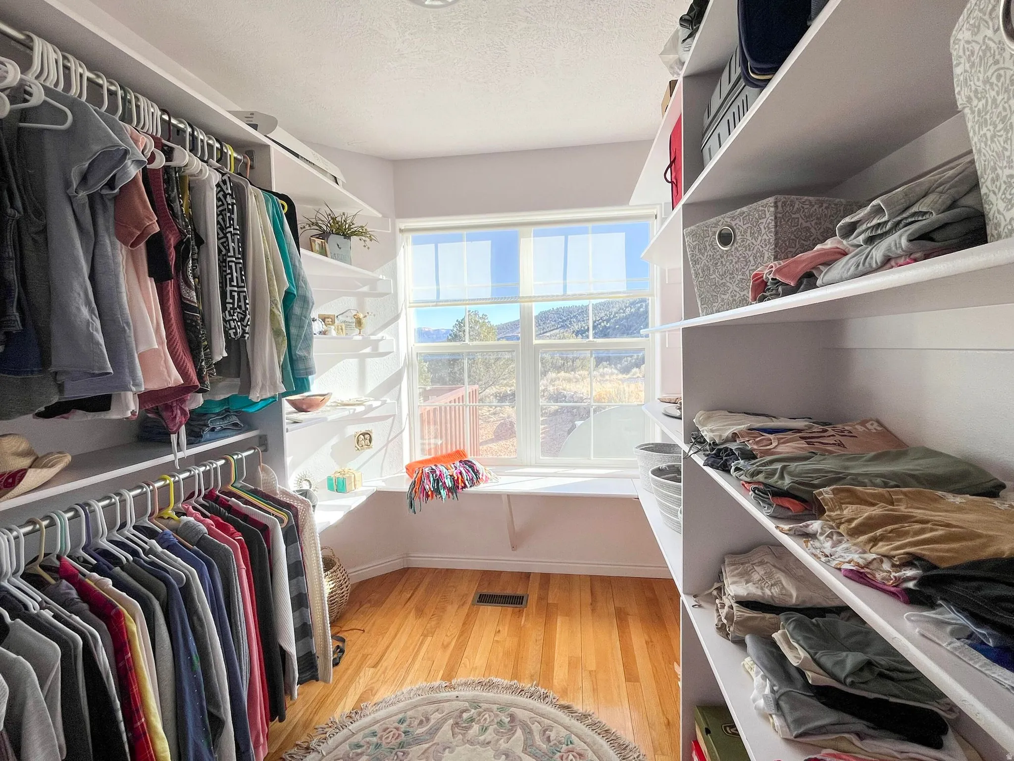 Custom walk-in closet featuring extensive built-in shelving, hanging rods, and wood-finish flooring