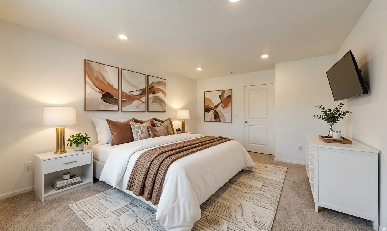 Plush carpeting provides comfort in this room featuring recessed lighting and a solid core interior door