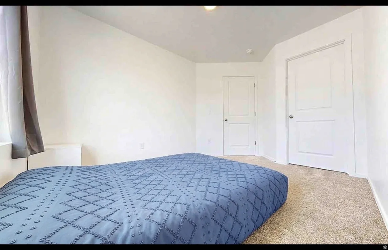Carpeted room featuring white walls, a visible window, and two white two-panel doors