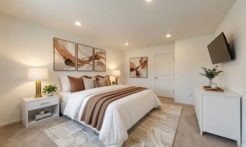 Plush carpeting provides comfort in this room featuring recessed lighting and a solid core interior door