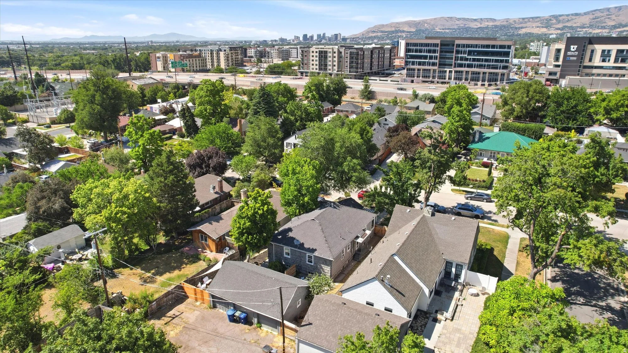 Aerial perspective showcasing a residential area with mature tree coverage
