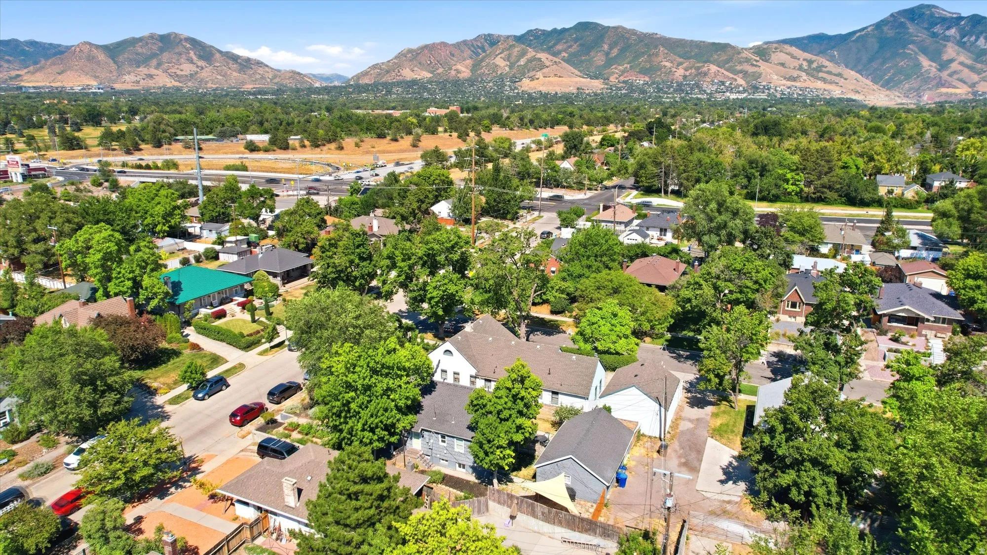 Aerial perspective highlighting a residential area with mature trees and a distant mountain backdrop