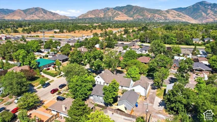 Aerial perspective highlighting a residential area with mature trees and a distant mountain backdrop