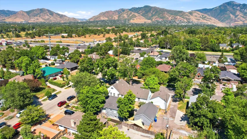 Aerial perspective highlighting a residential area with mature trees and a distant mountain backdrop