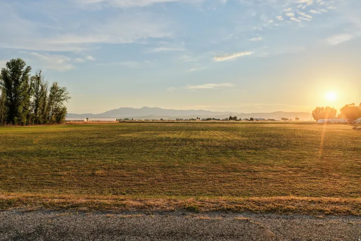 Expansive open field with distant mountains and scattered trees