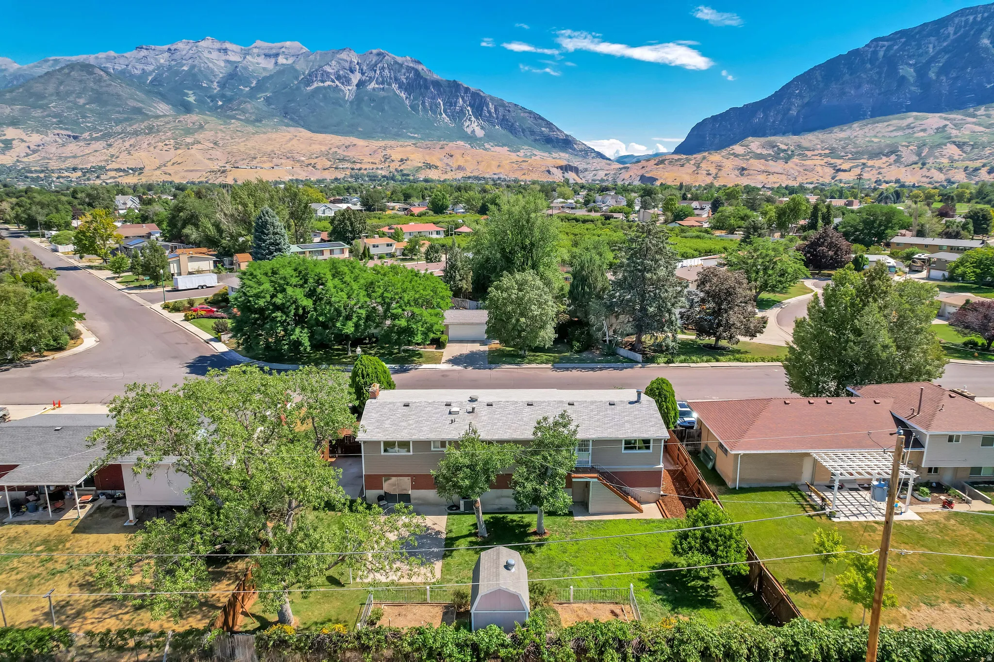 Expansive property featuring a mature tree, green lawn space, and a storage shed