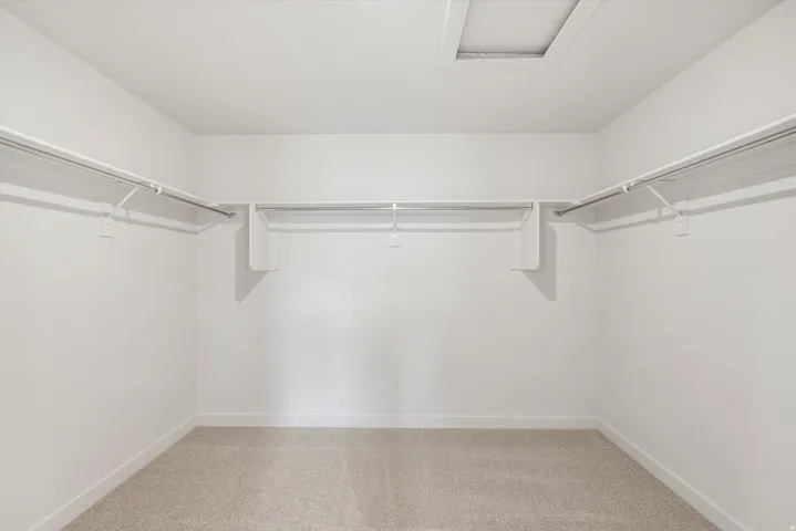 Spacious walk-in closet featuring light-colored carpet flooring, white walls, multiple hanging rods, and an overhead access panel
