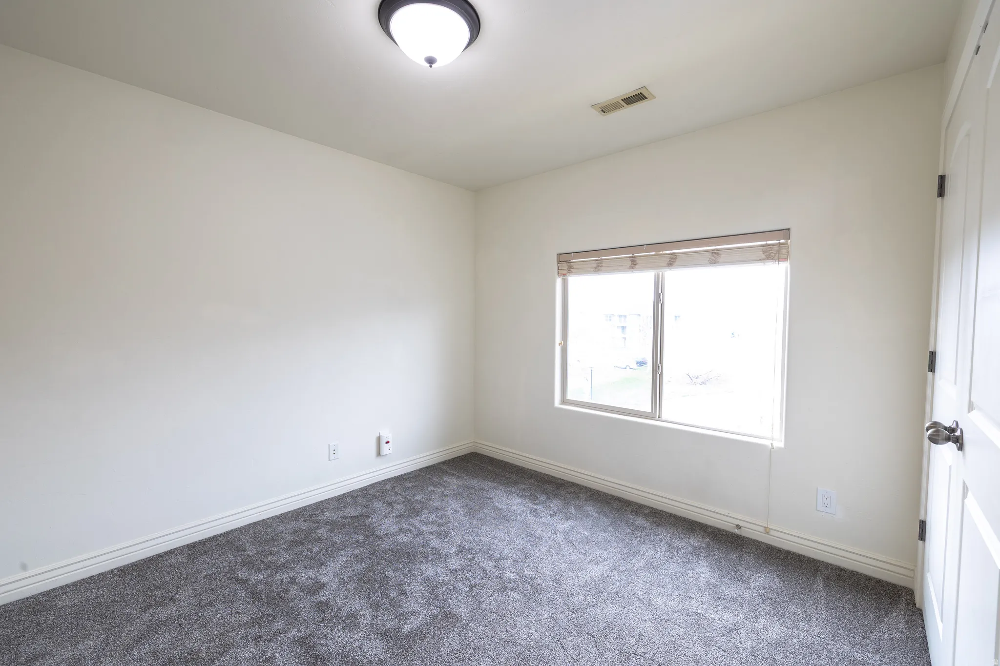 Room featuring neutral wall paint, gray carpet flooring, a double window with blinds, white trim, and a ceiling-mounted light fixture