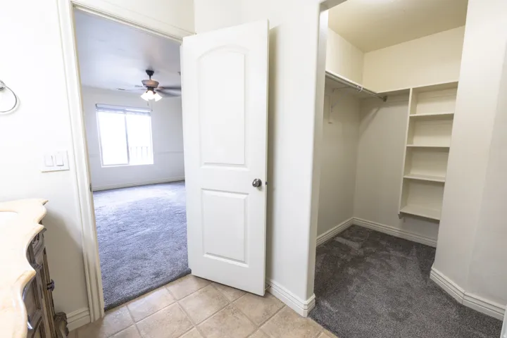 Walk-in closet with built-in shelving and hanging rod