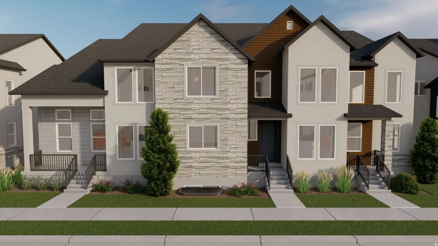 Modern townhome exterior featuring light stucco, stone veneer accents, dark wood-finish siding, and a dark shingle roof