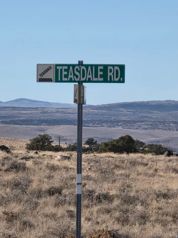 Teasdale Road sign on a metal pole with a natural, arid landscape backdrop