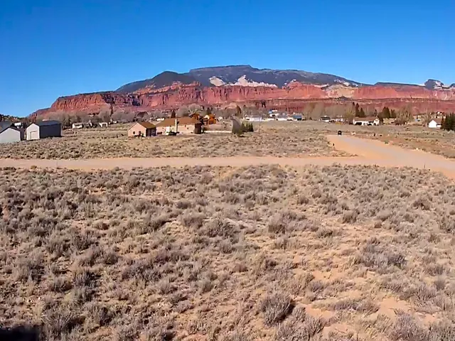 Expansive desert landscape featuring natural brush and a dirt road