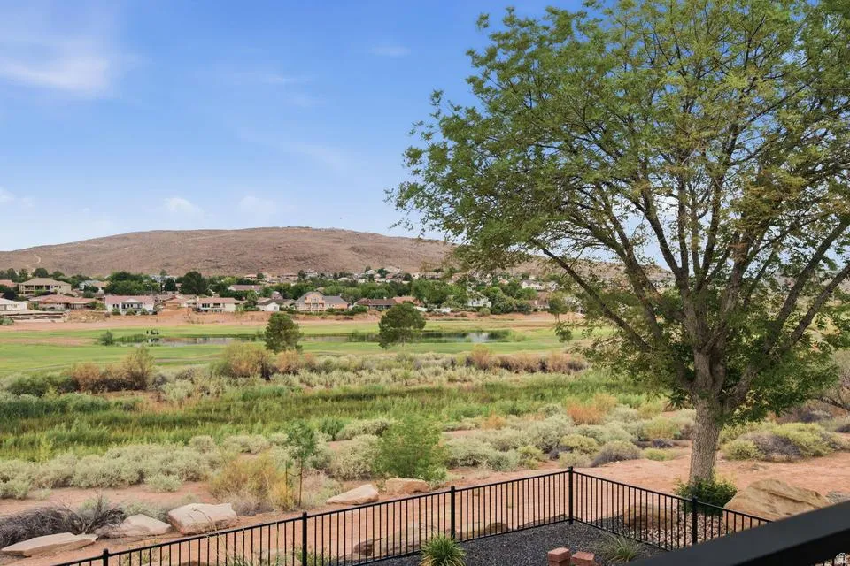 Expansive desert landscape with a large tree in the foreground