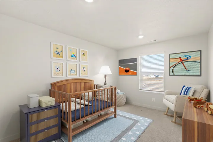 Carpeted room featuring recessed lighting, a window with horizontal blinds, and light-toned walls