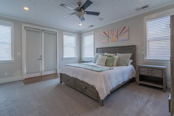 Bedroom featuring a white shiplap ceiling, recessed lighting, and a ceiling fan