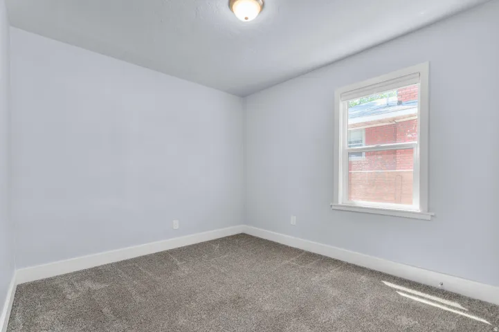 Light-filled room featuring neutral-toned walls, plush carpet flooring, white baseboards, a white-framed window, and a flush-mount ceiling light fixture