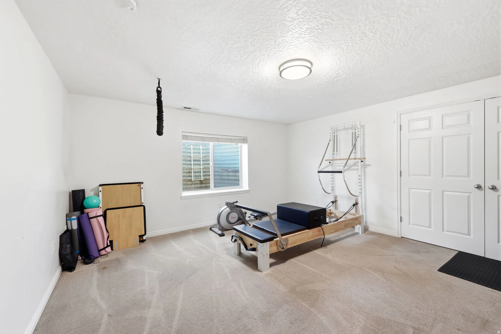 Recessed window providing natural light, accompanied by two paneled doors and an overhead flush-mount light fixture